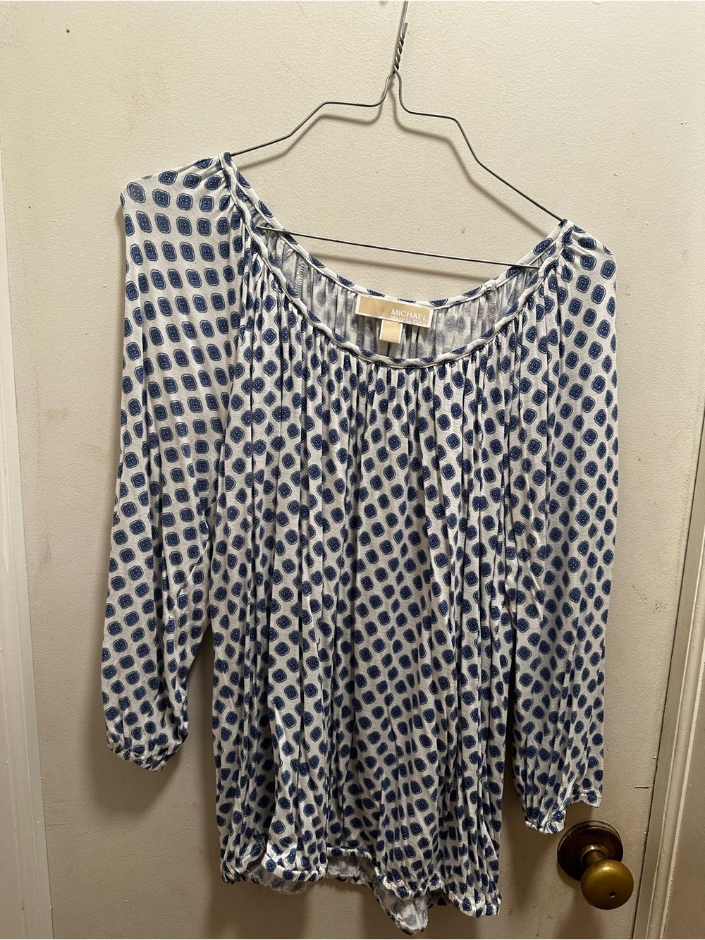 Michael Kors White and Navy Printed Peasant Top